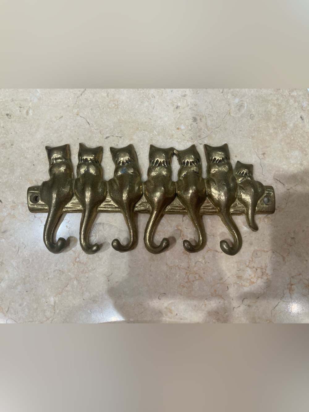 Vintage Brass Cat Key Holder - Seven Cat Tail Hooks
